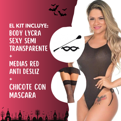 Kit Halloween 2 - Body negro + Medias negras + Chicote con máscara